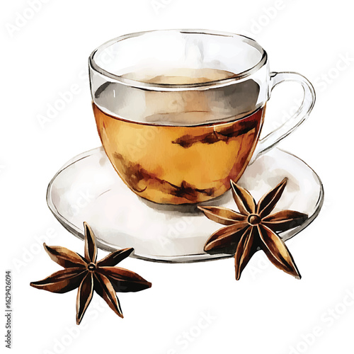 Watercolor illustration of tea in a glass cup with star anise on a saucer hot drink beverage