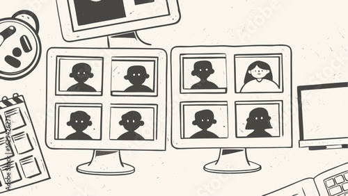 Two computer screens displaying video conference calls with six participants each in black and white style