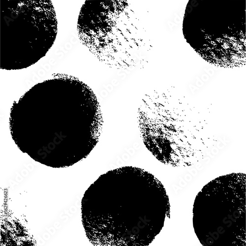 Black and white seamless pattern featuring various textured circles scattered across the white background design
