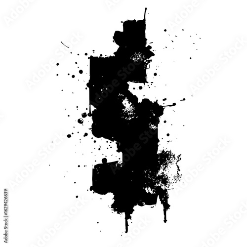 Abstract black ink splatter design with drips and spots on a white background creating a grungy texture