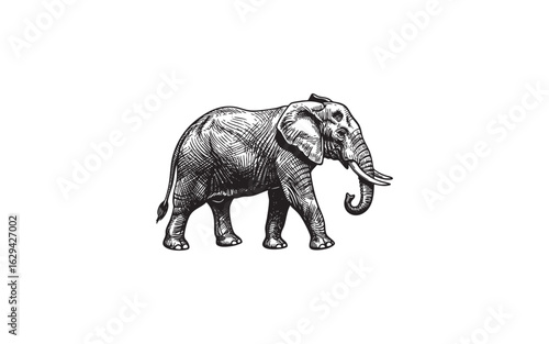 elephant walking  engraving woodcut vector illustration