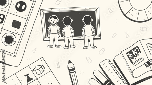 Illustration of classroom scene with students at blackboard and learning related objects around