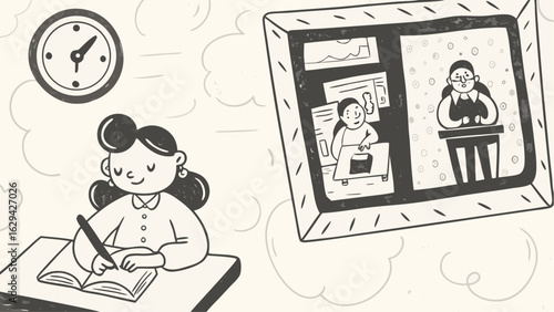 Illustration of a girl writing with clock and framed pictures of people in a dreamy cloud setting