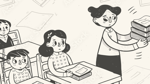 Teacher carrying books in classroom with students sitting at desks looking concerned or overwhelmed at school