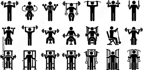 Vector art of set of fitness and gym icons showing various exercises and equipment isolated on white background