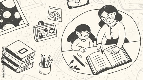 Illustration of a woman helping a child with homework at a desk surrounded by books and pictures