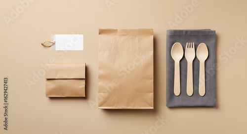Minimalist EcoFriendly Takeout Set A Clean Flat Lay of Paper Bags and Wooden Cutlery.