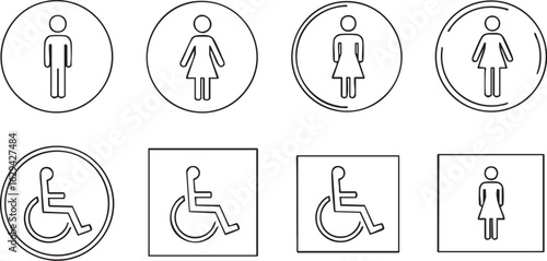 A set of vector icons showing silhouettes of people, men, and women for social, business, or restroom signs