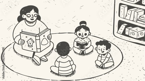 Teacher reading a book to children sitting in a circle with a bookshelf in the background scene