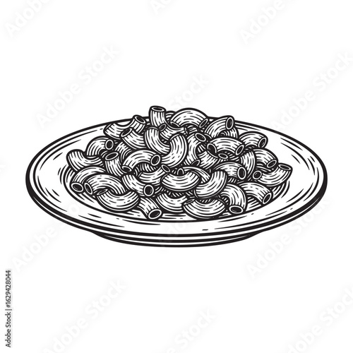 Plate of Macaroni pasta engraving woodcut vector illustration