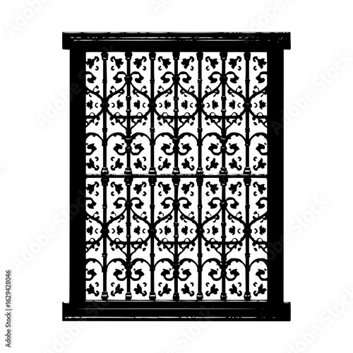 Illustration of a decorative wrought iron window with intricate floral and scrollwork patterns design element