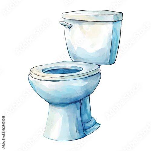 Watercolor toilet illustration with blue and white tones on transparent background bathroom