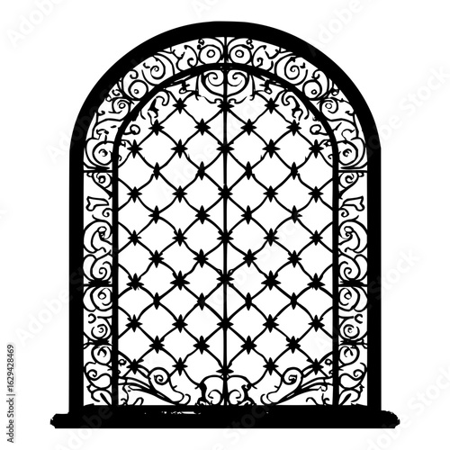 Ornate arched window with decorative ironwork lattice and scrollwork design in black and white silhouette