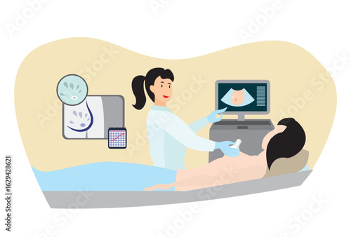 mammologist ultrasound doctor sonographer examine lacteal gland cancer swelling female breast ultrasound investigation digital treatment research female curing medical diagnostics illustration