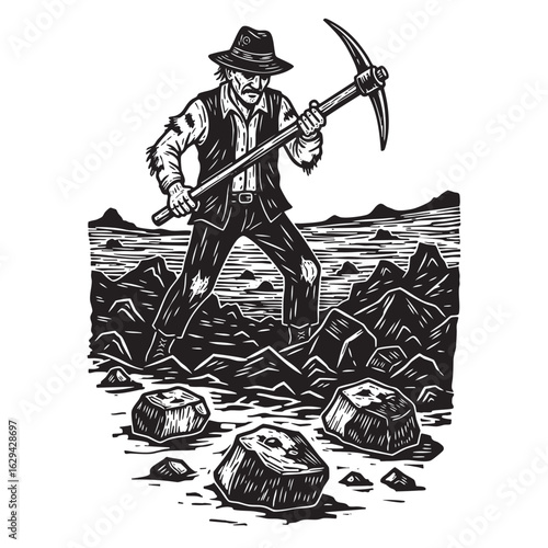gold digger  engraving woodcut vector illustration
