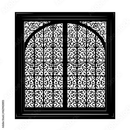 Ornate black window with arched top and intricate floral pattern within a rectangular black frame design