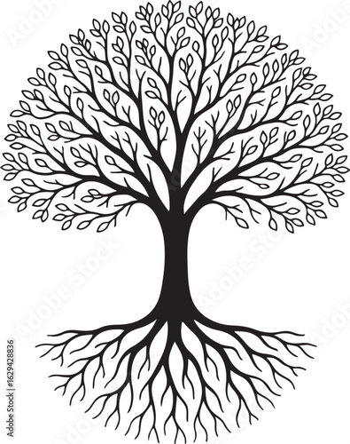 Elegant Black and White Tree of Life Illustration with Intricate Branches and Roots