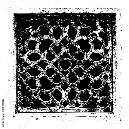 Ornate square vent cover with intricate geometric pattern and distressed texture in black and white style