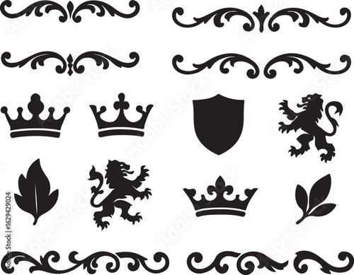 Black and White Heraldic Elements Crowns Lions Shields Leaves and Floral Dividers