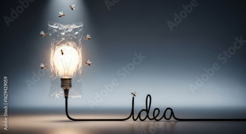 A glowing lightbulb shatters, releasing insects, while its power cord spells out the word idea.