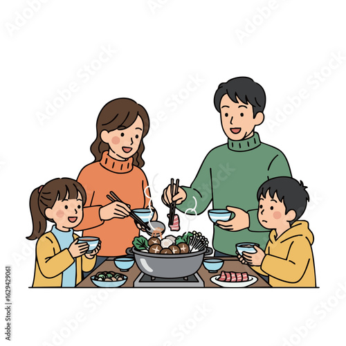 湯気の立つ鍋を囲んで笑顔で食事を楽しむ温かい家族の姿_秋の味覚アニメイラスト