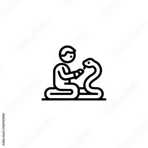 Illustration of a person sitting and interacting with a snake in a minimalist black and white design style