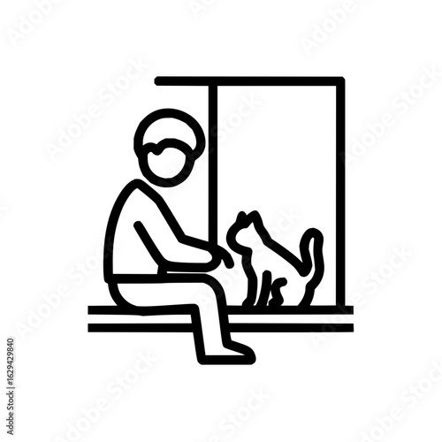 A person sitting on a window sill with a cat looking at them in a black and white line drawing style image