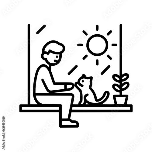A person sitting on a windowsill petting a cat next to a plant with sun shining through the window