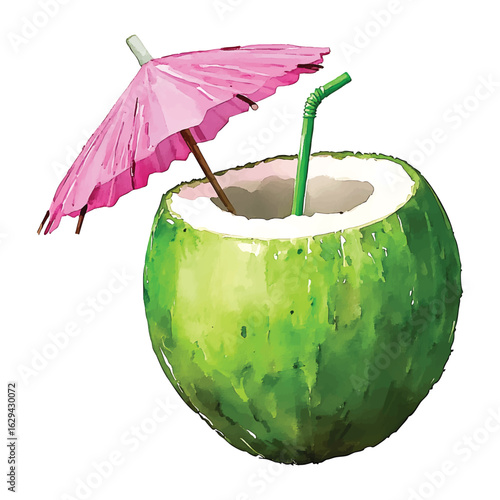 Green coconut with pink umbrella and straw watercolor vector cutout tropical fruit drink