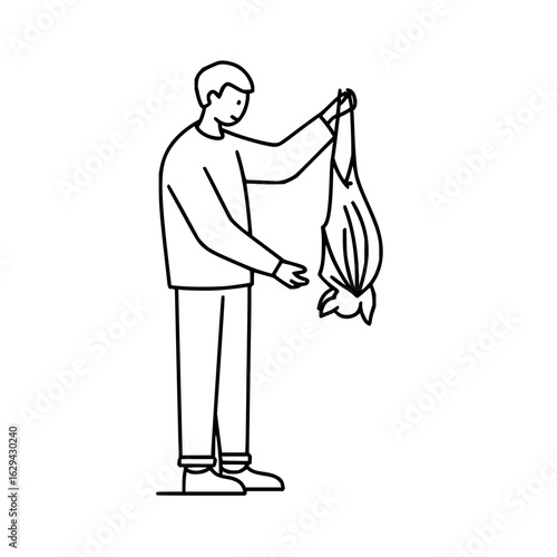 A man in outline style holding a bat upside down by its feet with both hands in a simple line drawing