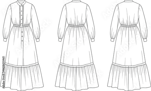 Long sleeve maxi dress fashion flat sketch, front and back views, button-down design, gathered waist, pleated hem, modest silhouette, vector.