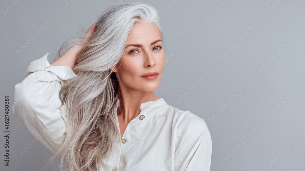 Fototapeta premium A mature woman with a confident demeanor and silver hair, dressed in a white button-up shirt, stands against a textured wall, embodying success and a professional lifestyle