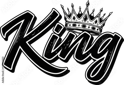 Vector art of king text with crown isolated on white background