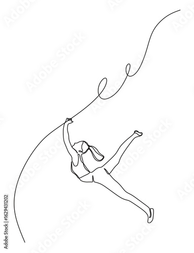 continuous line art of a woman who works as a trapeze dancer or aerial dancer performing and showing off her skills, jumping high and hanging from a rope