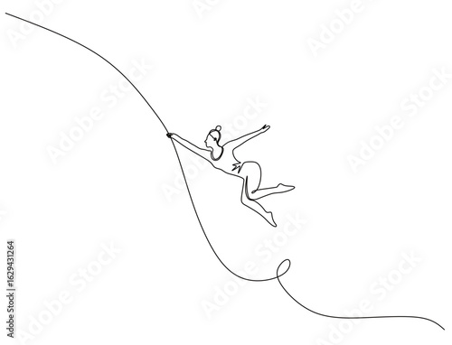 continuous line art of a woman who works as a trapeze dancer or aerial dancer performing and showing off her skills, jumping high and hanging from a rope