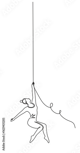 continuous line art of a woman who works as a trapeze dancer or aerial dancer performing and showing off her skills, jumping high and hanging from a rope
