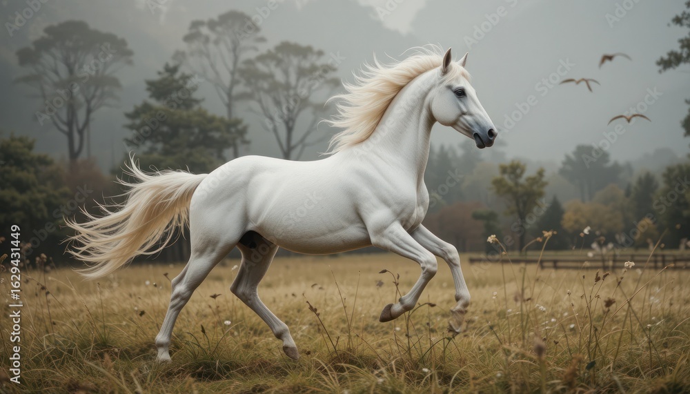 Fototapeta premium Majestic White Stallion Galloping Across a Misty Meadow