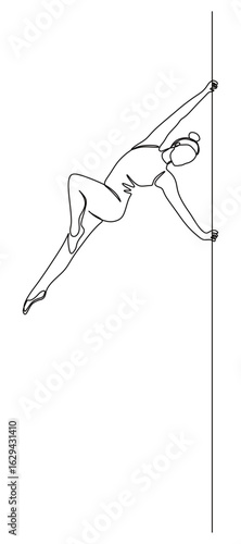 continuous line art of a woman who works as a pole dancer performing and showing off her moves. spinning and hanging from a pole