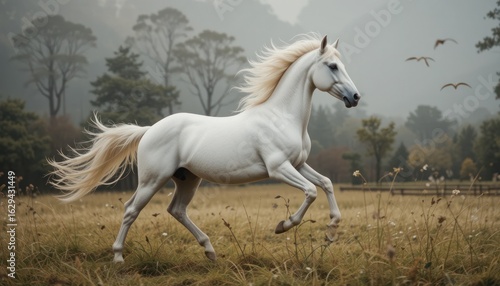 Majestic White Stallion Galloping Across a Misty Meadow