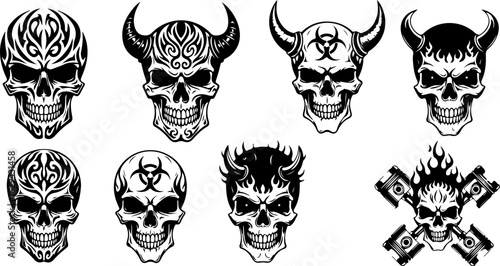 Vector art of collection of skull designs with tribal and biohazard symbols isolated on white background