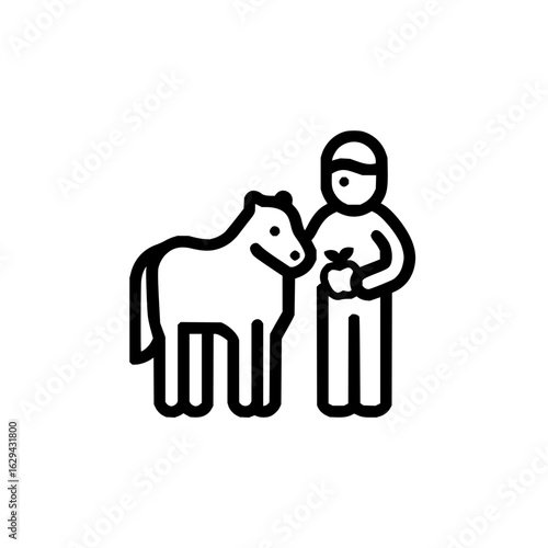 A simple line drawing of a person holding an apple next to a pony in black and white line art style