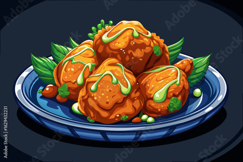 vector of Crispy fried chicken thighs dipped in zesty sauce in a stylish traditional dish. Dark background.