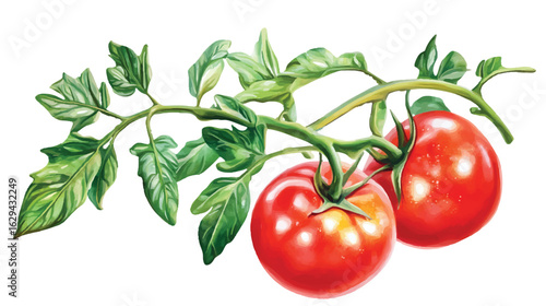 Watercolor illustration of ripe red tomatoes on a vine with green leaves fruit vegetable