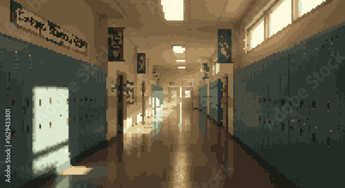 Bright Pixelated School Hallway with Blue Lockers