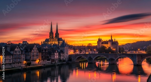 Spectacular sunset over Auxerre France featuring Saint Etienne Cathedral and Yonne river