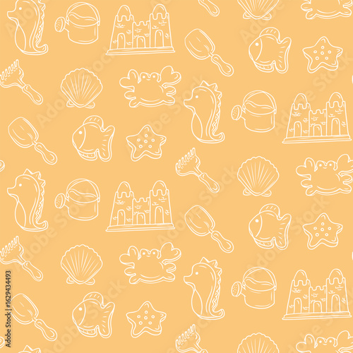 Seamless pattern with hand drawn beach toys, sea creatures, and sandcastles on an orange background. Vector illustration representing summer fun, childhood, and seaside playtime