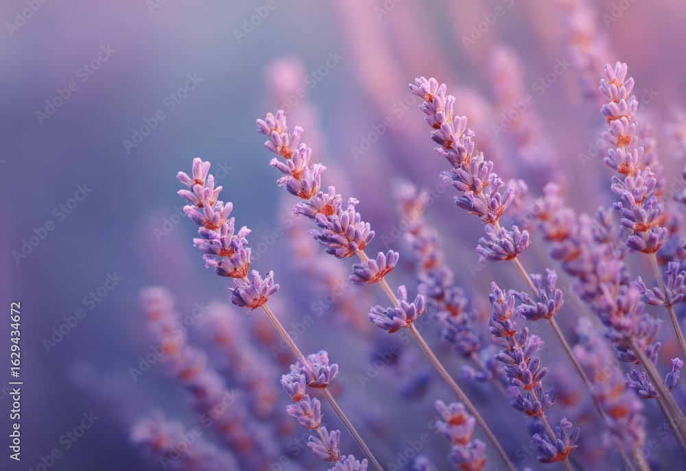 Obraz premium Delicate purple lavender flowers, captured in a macro view against a soft pink and yellow bokeh background, contribute to a dreamy romantic atmosphere often used in wellness and spa designs