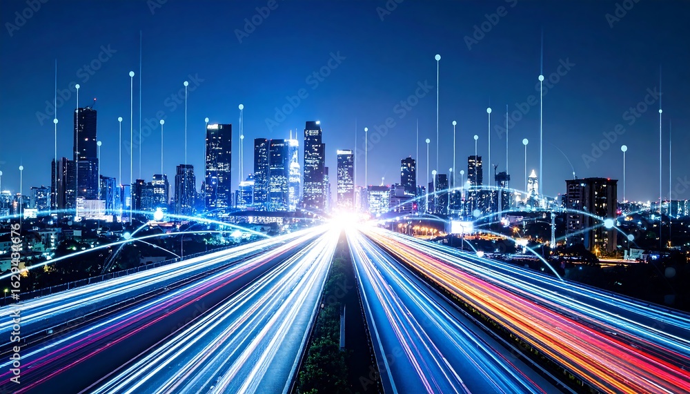 Fototapeta premium Night cityscape with light trails converging on a highway