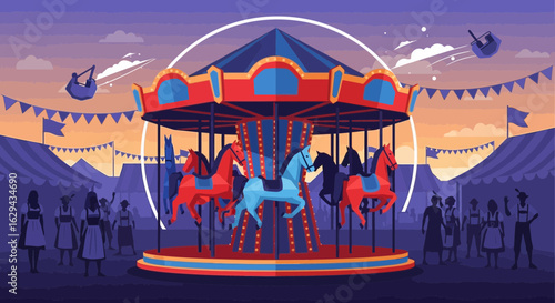 A vibrant carousel with horses at a lively fairground under a twilight sky.