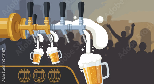 Golden beer taps pouring frothy beer into glasses, with a crowd of cheering people in the background.